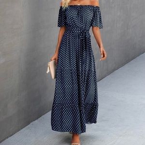 Polka dot off the shoulder belted dress